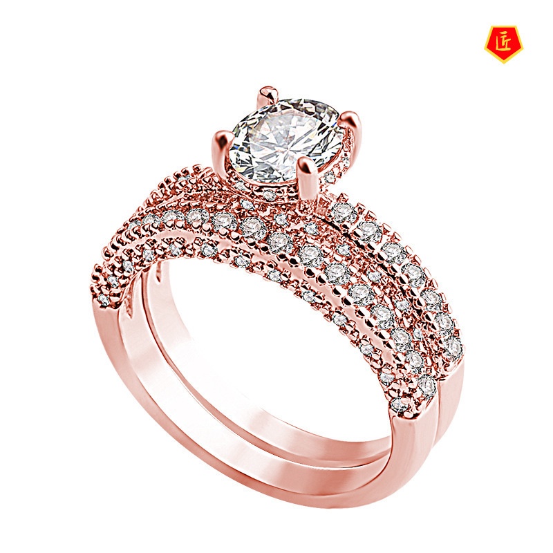 [Ready Stock]Personality Elegant Rose Gold Full Diamond Ring Set