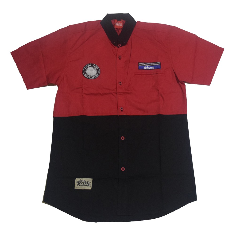 KEMEJA PRIA WORKSHIRT DISTRO ADCORE MERCH ORIGINAL BAJU ATASAN LENGAN PENDEK MERAH KOMBINASI HITAM