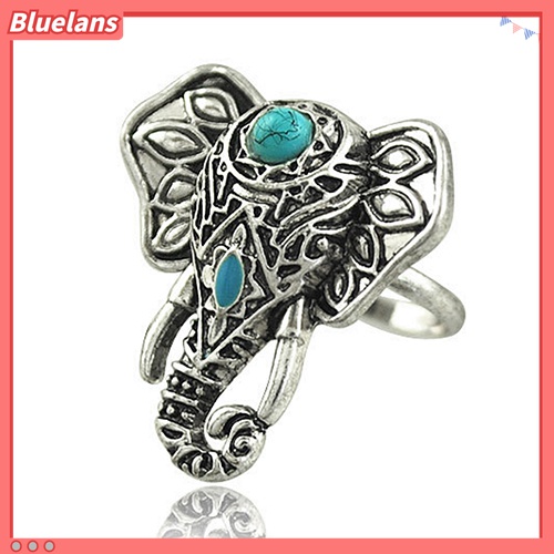 Cincin Jari Tengah Desain Gajah Turquoise Gaya Vintage Bohemia Untuk Perhiasan