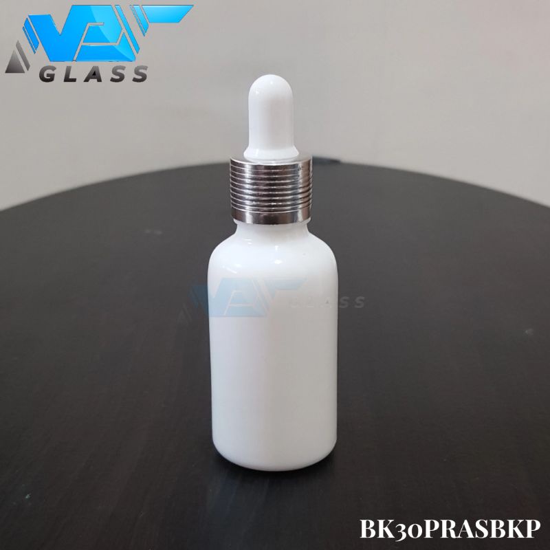 botol kaca pipet 30ml tebal putih keramik - ring almunium silver bergaris