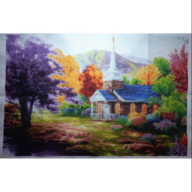 Hasil sulam kristik "Pemandangan Gereja Autumn" tanpa bingkai