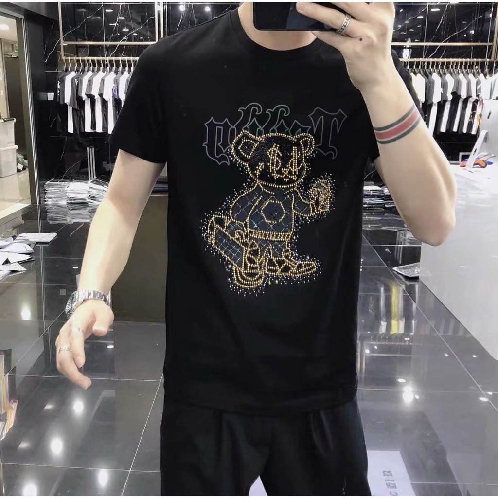 Kaos Pria Import Premium 2021  Tren Orang Pintar Lengan Pendek Berlian Imitasi T-shirt Pria  Slim-Fi