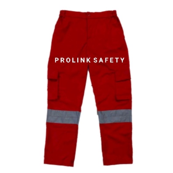 CELANA SAFETY MERAH SCOTLIGT 5CM SAKU SAMPING BAHAN DRILL ADEM HALUS TEBAL