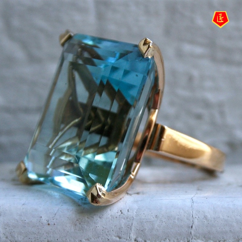 [Ready Stock]Inlaid Topaz Sea Blue Square Diamond Ring Fashion Personality