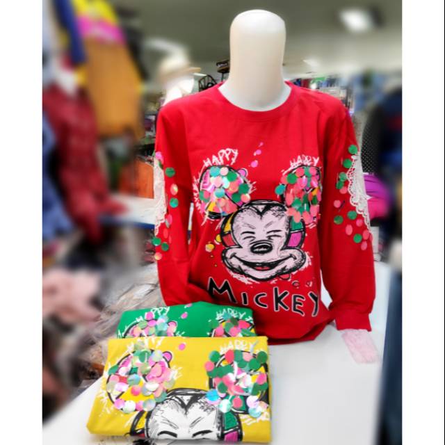 Atasan remaja wanita kaos cewek mickey kombinasi renda kiwir bling - bling JF 77