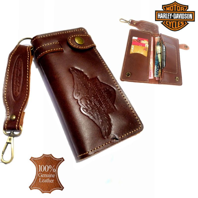 dompet panjang pria kulit asli 100% full Harley Davidson Brown 04