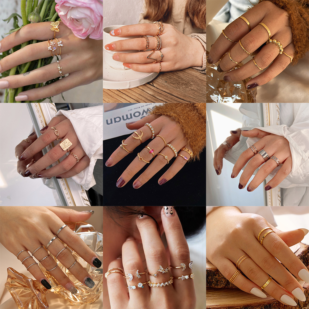 Set Cincin Berlian Mutiara Warna Emas Perak Gaya Retro Korea Untuk Wanita