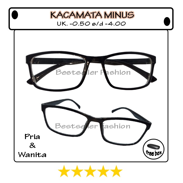 Kacamata Rabun Jauh (-) Uk. -0.50 s/d -4.00 Untuk Pria dan Wanita Kacamata Lensa Minus Bingkai Hitam Kotak FREECASE