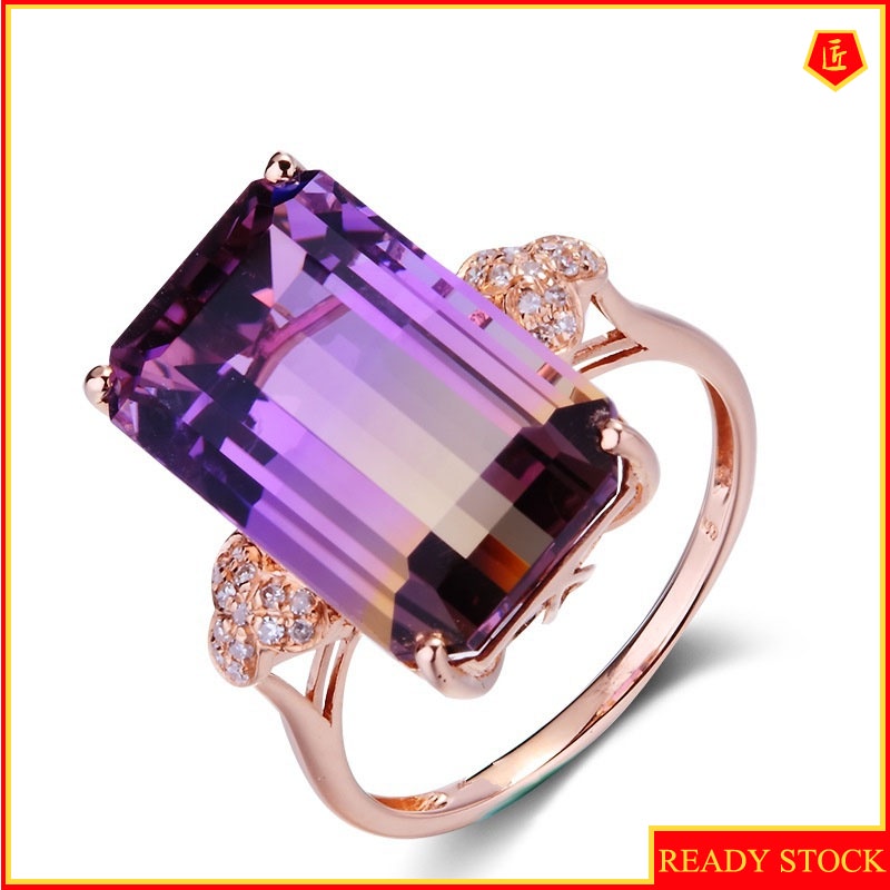 [Ready Stock]Micro-Inlaid Natural Amethyst Ring 18K Rose Gold Colored Gemstone