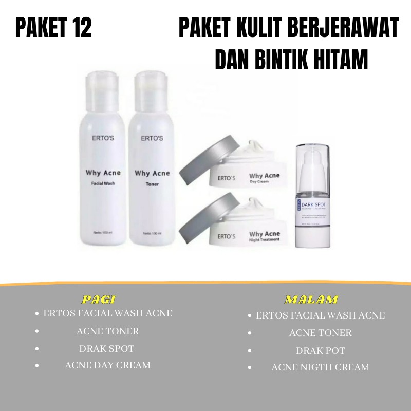 Ertos Paket Lengkap Perawatan Wajah original Berminyak Komedo flex hitam pori besar jerawar bruntusan radang kering Glowing-Paket 12