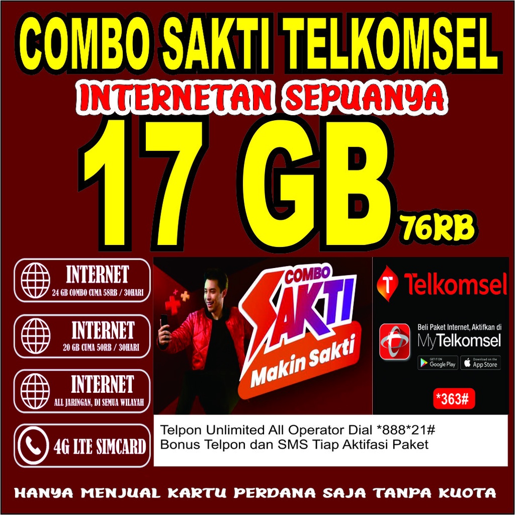 Perdana Combo Sakti Telkomsel 17GB/25GB 30hari UNLIMITED