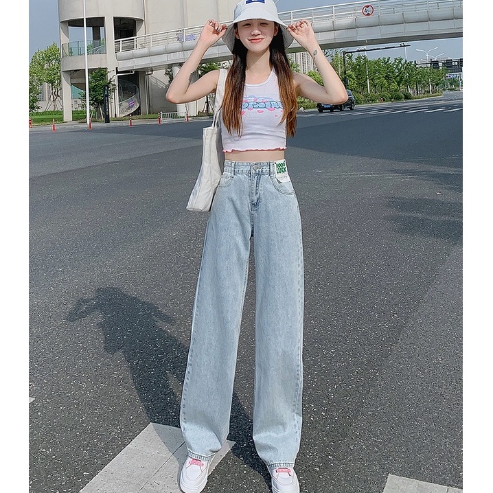 Good Luck Highwaist Straight Loose Celana Jeans Panjang Wanita/Korean Kasual Jeans Wanita