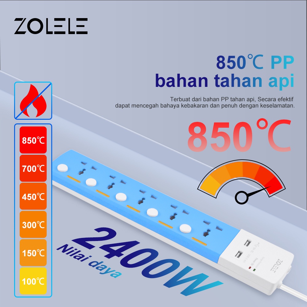 ZOLELE Stop Kontak Kabel 5 Power Socket 2 USB Charger Lubang Colokan Listrik Smart Power Strip 3M Soket Pengaman Lubang Saklar Timer Powerstrip ZK100