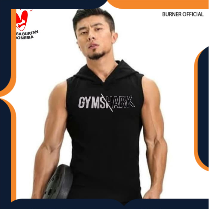 singlet hoodie olahraga GYM SHARK hitam  fitnes baju kaos training gym pria