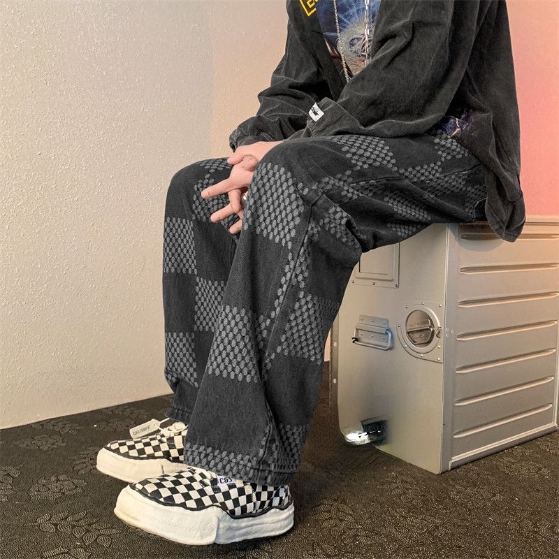 Celana Jeans Lurus Kotak-kotak Celana Kasual Longgar Kaki Lebar