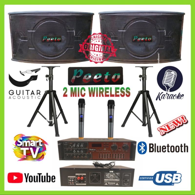 Karaoke Set Live Guitar Acoustic Speaker PEETO 10 inch 2 Mic Wireless