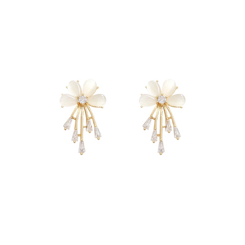 Anting Rumbai Desain Kelopak Bunga Opal Aksen Zircon Gaya Korea Untuk Wanita