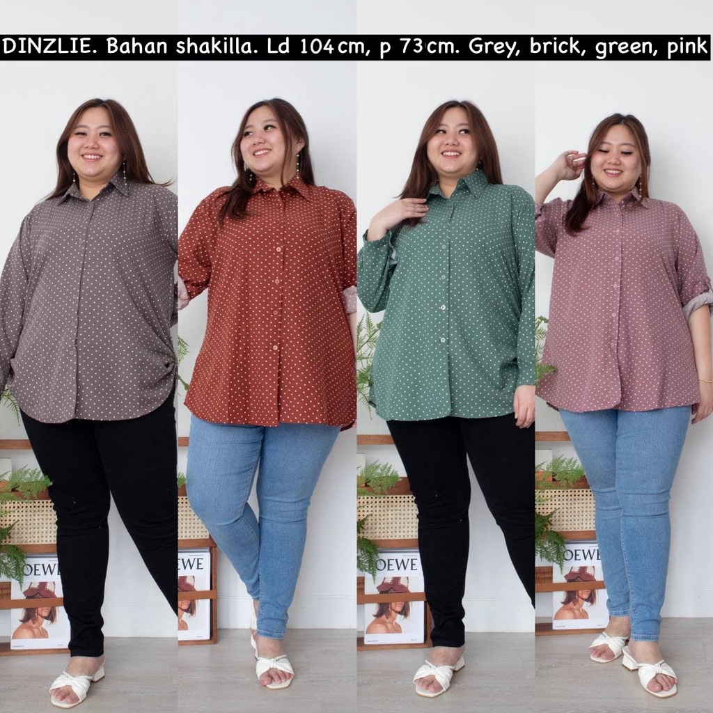 DINZLIESHOP KEMEJA WANITA LENGAN PANJANG MOTIF BINTIK DOT POLKADOT BAHAN SHAKILLA UKURAN JUMBO BIGSI