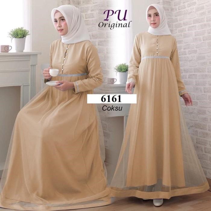 6094 Baju muslim wanita biru dongker navy dress polos with tulle 6159