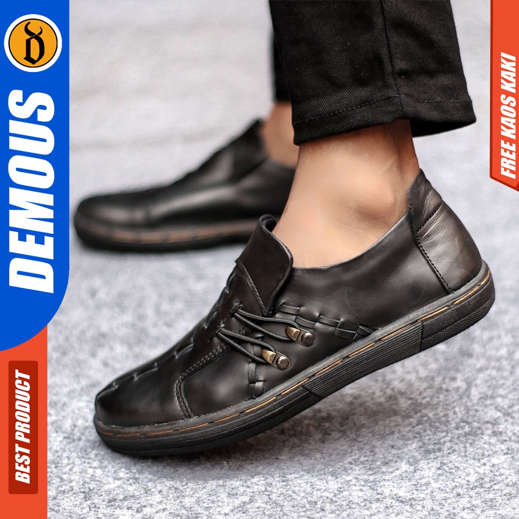 Sepatu Sneakers Pria Sepatu Casual Pria Kulit Asli Sepatu Kerja Kuliah Kondangan Sepatu Hitam Pria DEMOUS JACK