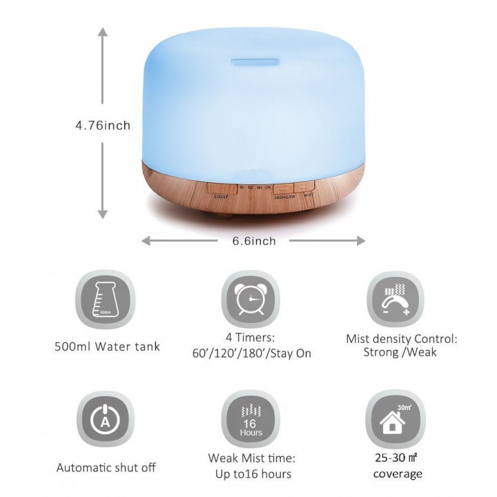 H26 - Wooden Humidifier Aroma Diffuser 7 Color LED Light 500ml