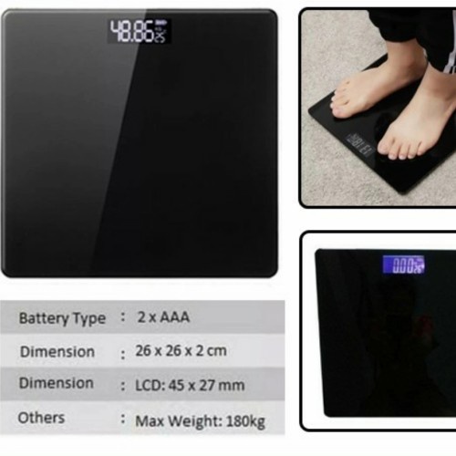 Timbangan Badan Digital Full Black Kaca Ukuran 26x26cm Weight 180kg Electronic Body Personal Scale