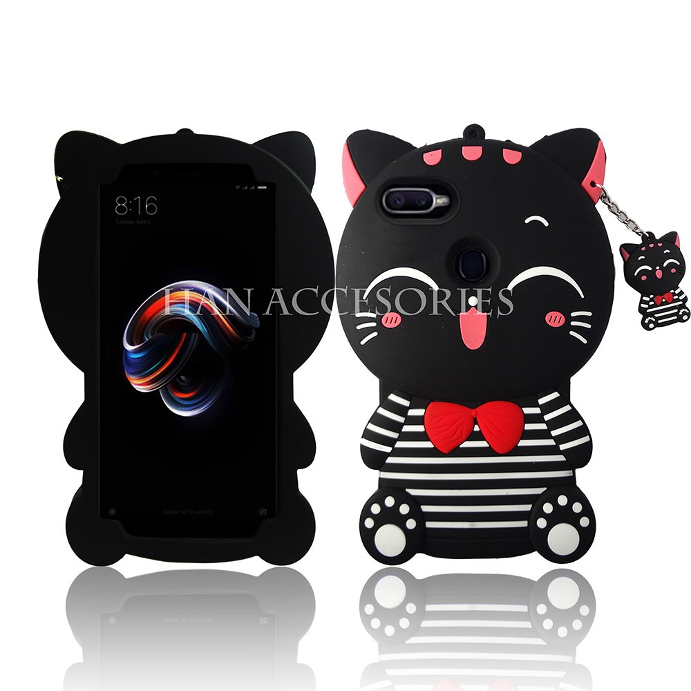 Case Boneka OPPO F9 Soft Case 4D Karakter Black Cat Smile