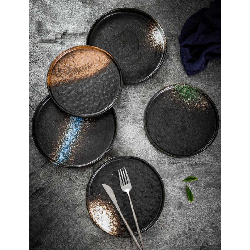 P 44 Piring Saji Bulat Keramik Japan Style Datar Unik Black Series Gaya Jepang Korea Sushi Plate