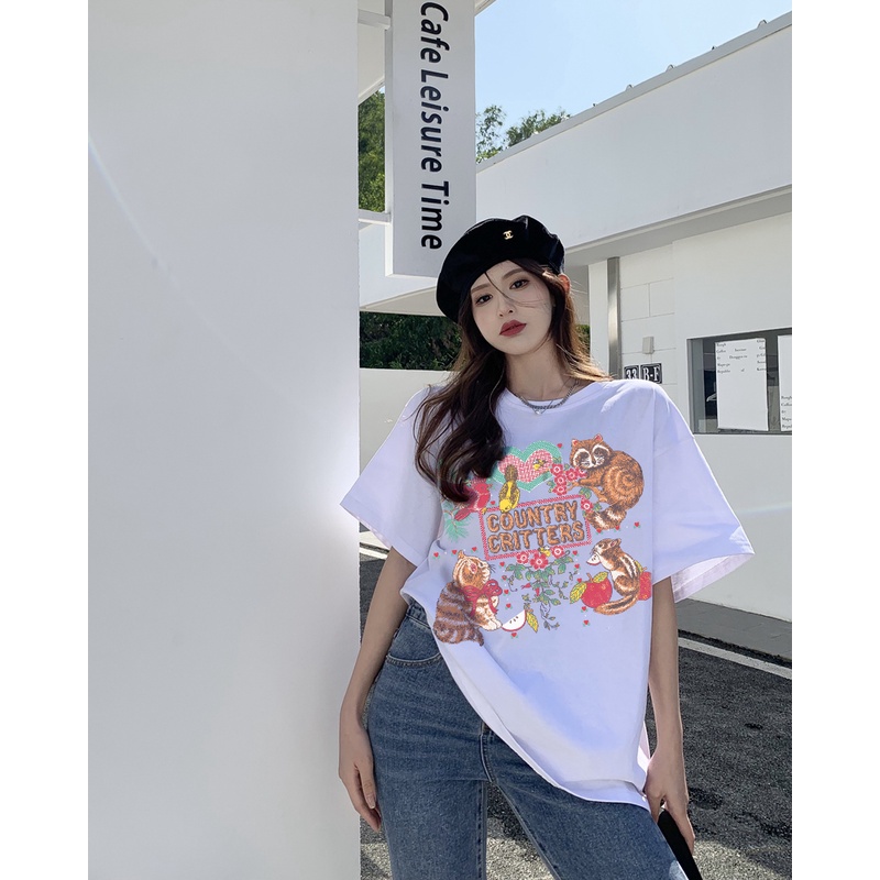 Printed T-shirt /atasan wanita warna putih/baju oversize wanita /baju oversize wanita murah murah/Atasan hitam lengan pendek retro longgar gaya korea sederhana