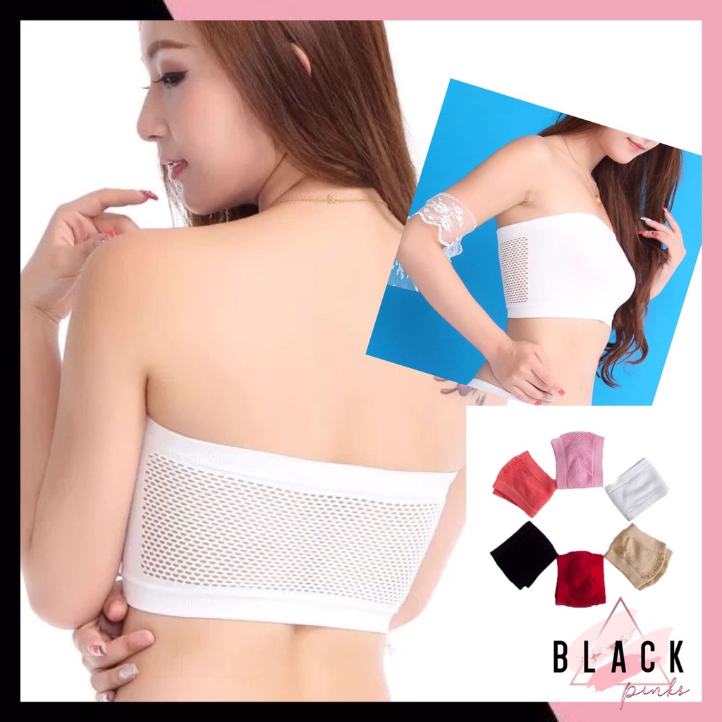 Blackpink Bra Crop Top Simple Tanpa Busa Bra Wanita Kemben Backless Tanpa Tali Motif Jala Belakang 1167