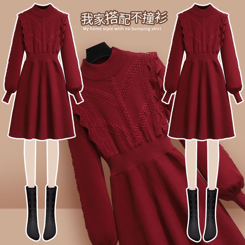 Large women's new year dress women's 2021 autumn and winter new style temperament slim waist red kni