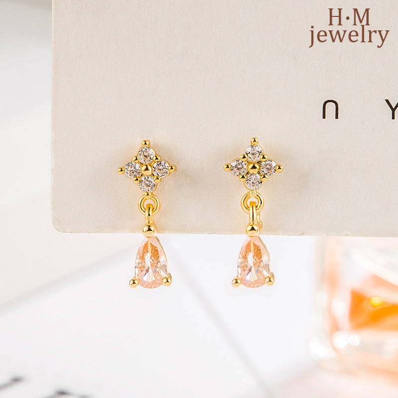 Anting Tusuk Sterling Silver 925 Model Tetesan Air Dengan Berlian Warna Oranye Sampanye Untuk Wanita