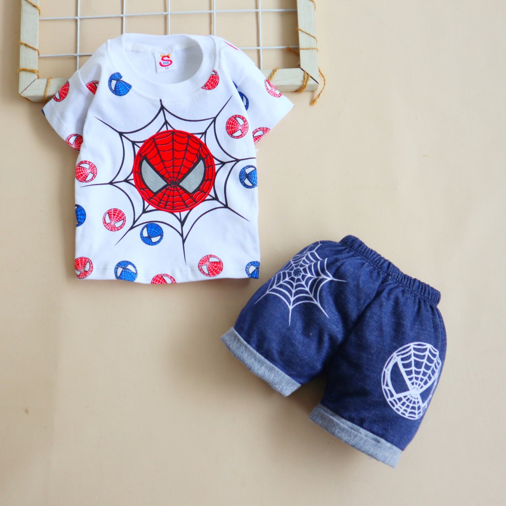 Baju Anak laki laki cowok Usia 3-12 Bulan S886 Motif Kartun Jaring Laba-Laba 02 L setelan dengan celana