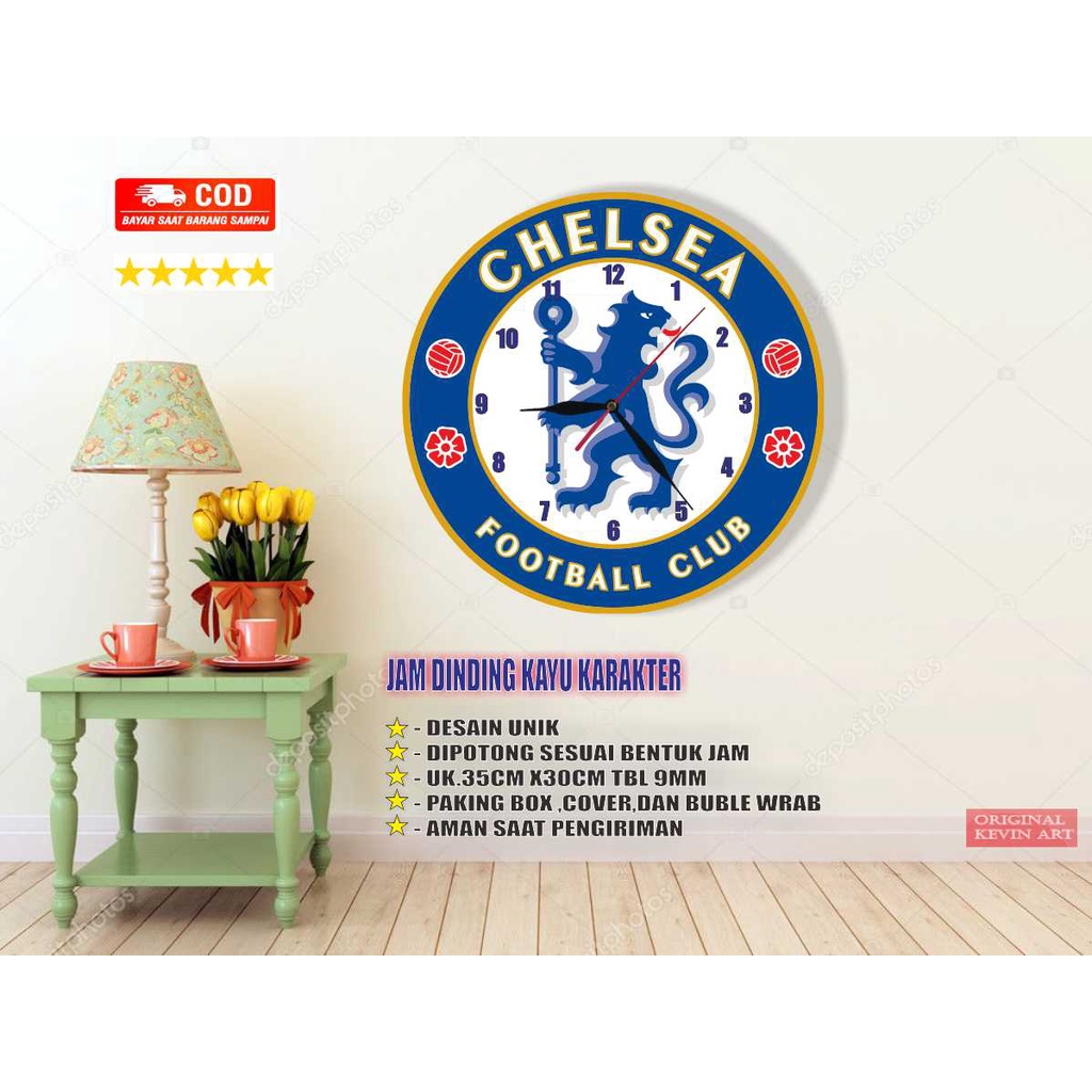 JAM DINDING KAYU UNIK BESAR KARAKTER GAMBAR LOGO CHELSEA