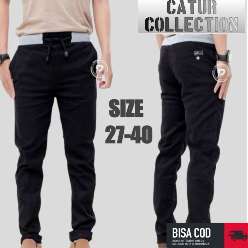 Celana Chinos Panjang Pria Pinggang Karet Kolor Rip Size 27-38 Katun American Drill  Berkualitas