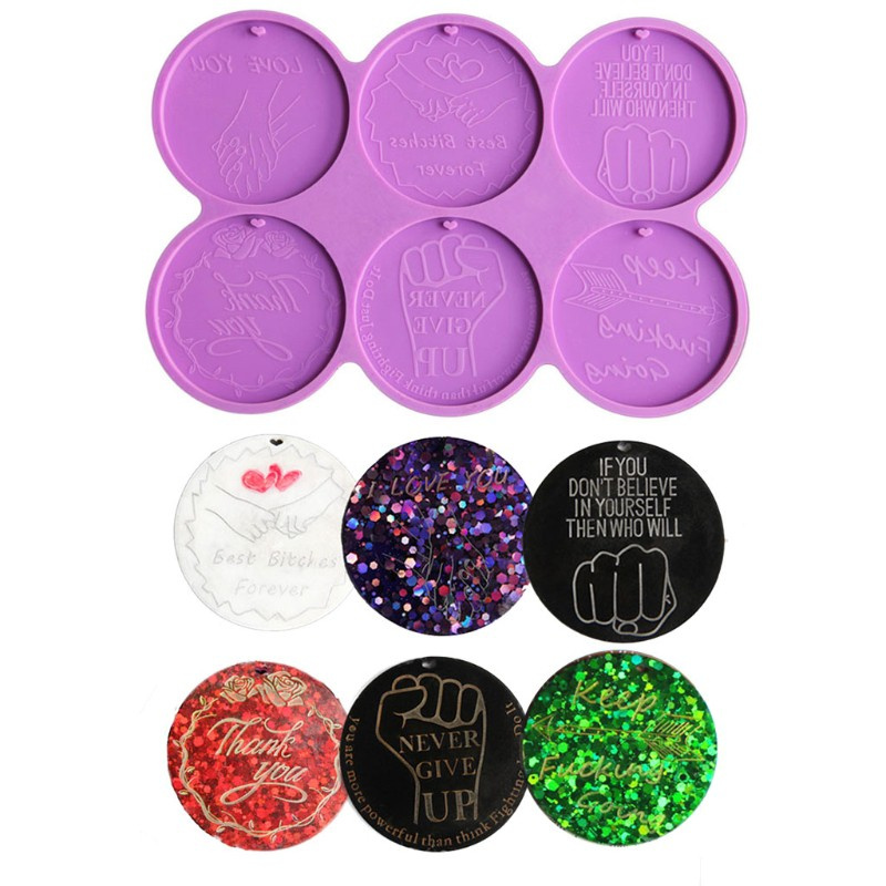Glitter Motivational Keychain Resin Mold Round Inspirational Words Charms Keyring Resin Mold Jewelry Crafts