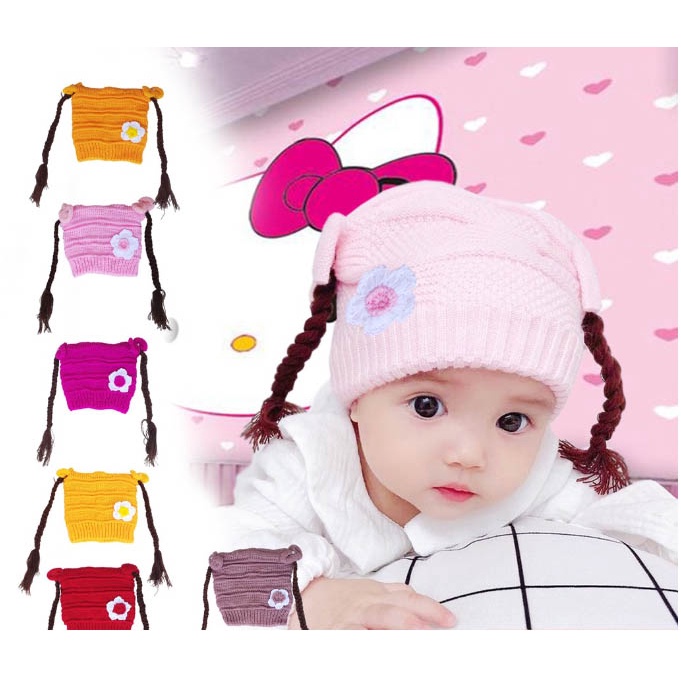 Topi Kupluk Rambut Kepang Motif Bunga / Baby Hat Wig / Topi Bayi Rambut