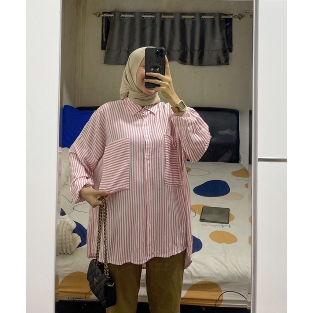 Pocket Stripe Kemeja Katun Rayon Kemeja Oversized Kemeja Stripe Kemeja garis garis by DAZPROJECT