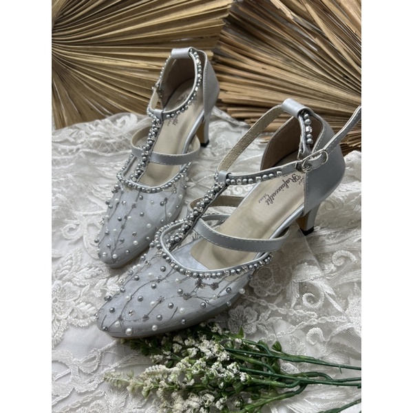 sepatu wanita wedding model Rosika silver tinggi 7cm lancip