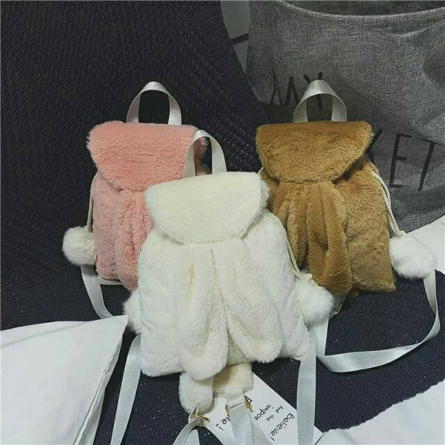 Tas Ransel Pikaboy Lucu Boneka Pompom Rabbit-Tas Ransel Wanita  Backpack Wanita gemoy