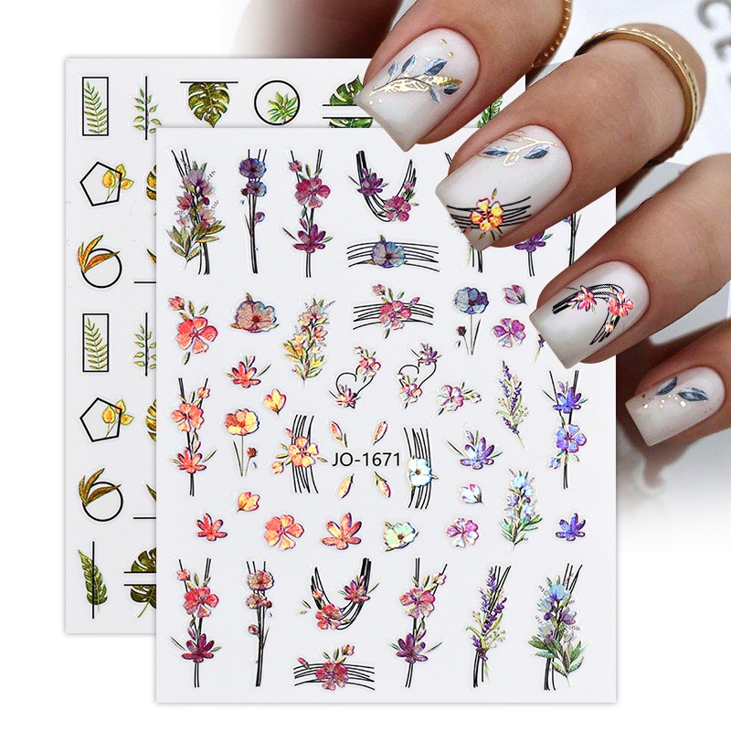 Stiker Kuku 3D Holografik Laser Motif Daun / Bunga Warna-Warni Untuk Dekorasi Manicure