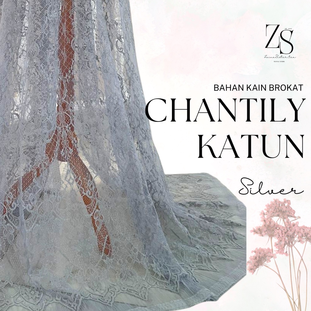 Kain Kebaya Brokat Brukat Panel Chantily Katun Semi France Prancis Warna Abu Abu Silver Grey