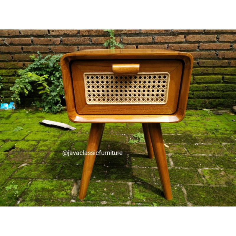 NAKAS RETRO ROTAN MINIMALIS BUFET ROTTAN VINTAGE LACI 1 BAHAN KAYU JATI MURAH JEPARA FINISHING NATURAL UKURAN 50x40x60 cm-5