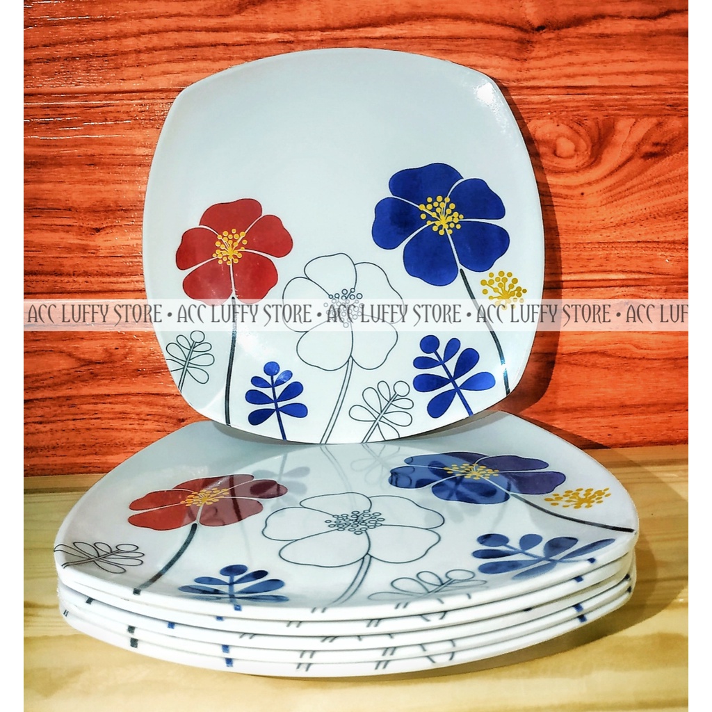 3 pcs Piring Melamin Ceper Motif Bunga - Piring Persegi Melamin Motif - Piring Saji Melamin 23cm