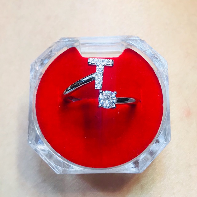 Cincin permta Huruf T silver925 lapis mas putih Cp483