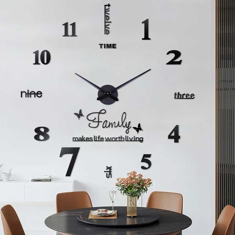 Jam Dinding Raksasa Diameter 120cm 3D huruf timbul acrylic Jam dinding dekorasi rumah minimalis modern untuk kantor rumah dan cafe Large Wall Clock Quartz 3D DIY Big Watch Decorative Kitchen Clocks Acrylic Mirror Sticker Oversize Wall Clocks Home Letter