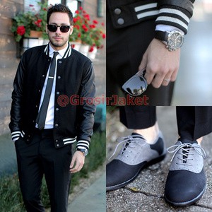 Jaket Varsity/Baseball Polos Hitam + Kulit Imitasi