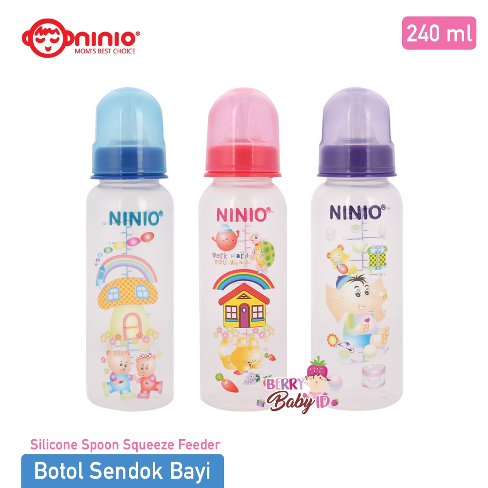 Ninio Botol Sendok &amp; Botol Susu Bayi 240 ml Silicone Squeeze Feeder GRATIS Nipple Dot Silikon MPASI Berry Mart