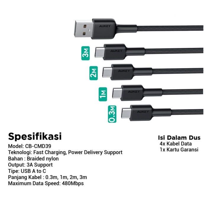 Aukey Cable USB to Type C (4 pcs) - SKU : 500869 - CB-CMD39 - Garansi Resmi 2 Tahun