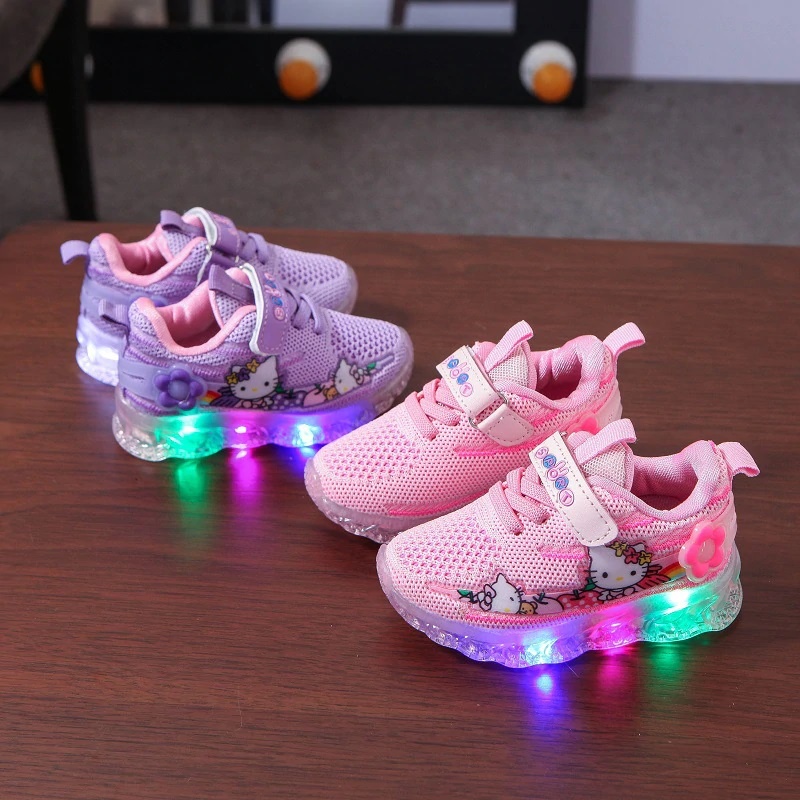 Sepatu Sneakers Anak LED Perempuan Motif Hello Kity Lucu Import